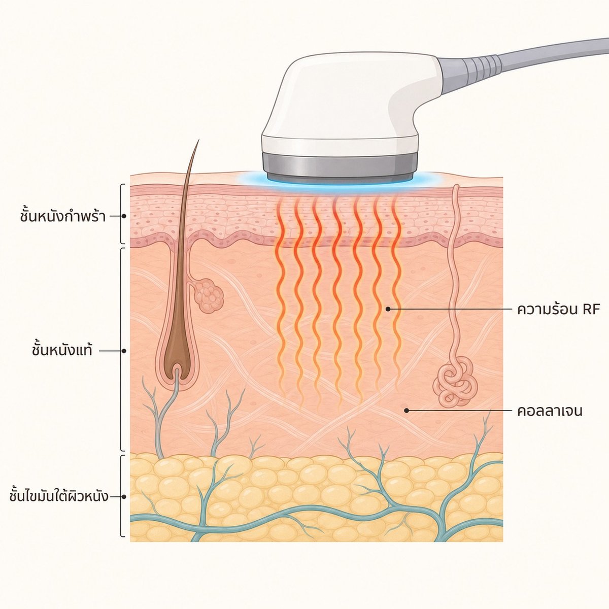 ภาพตัดขวางแสดงความร้อน RF ที่ลงไปถึงชั้นหนังแท้เพื่อกระตุ้นการหดตัวและสร้างคอลลาเจนใหม่