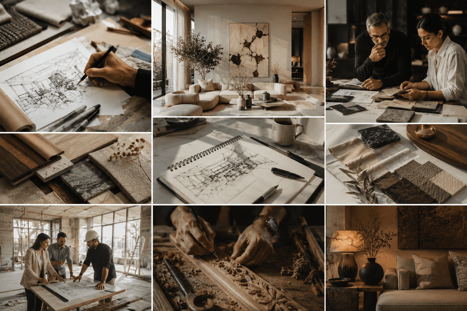 A collage of sketches, materials, craftsmanship, site work, and timeless luxury interiors.