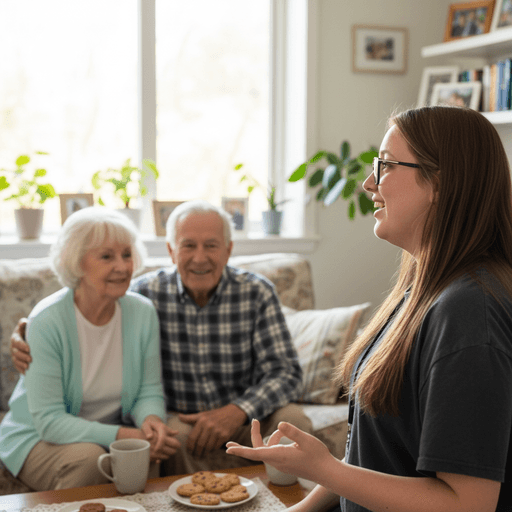 Female support worker sharing tea and conversation with three older adults in a friendly living room setting.