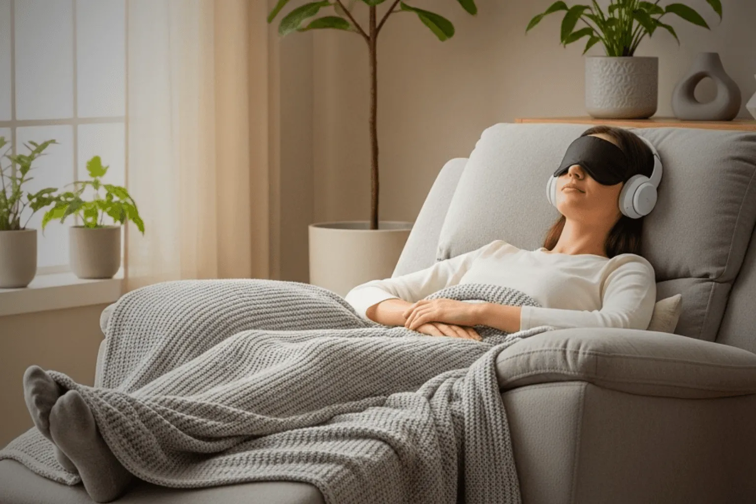 Woman relaxing in a chair with headphones and an eye mask during a psychedelic therapy session