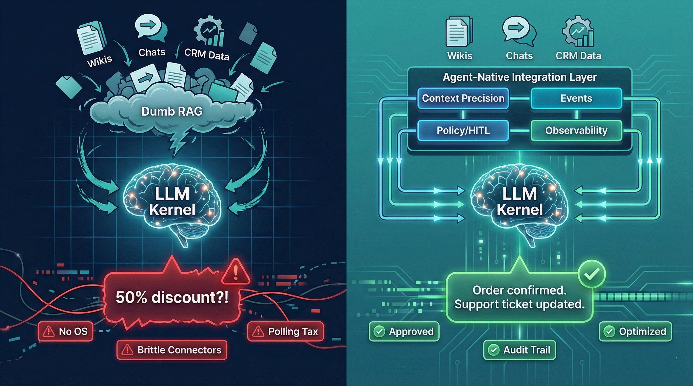 A split-screen illustration showing how AI agents fail in production when fed unstructured “Dumb RAG” data versus how they succeed with an Agent-Native Integration Layer. The left side depicts chaotic enterprise data and brittle API connectors flowing directly into an LLM and producing errors like an unauthorized 50% discount. The right side shows the same inputs passing through a structured integration OS with context precision, event-driven architecture, HITL governance, and observability, resulting in reliable agent actions. Visual metaphor for the 2025 failed pilot problem and the 2026 agent-integration roadmap.