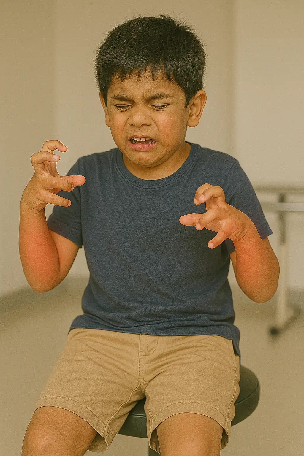 Child experiencing involuntary muscle contractions and abnormal posturing, representing dyskinetic cerebral palsy symptoms.