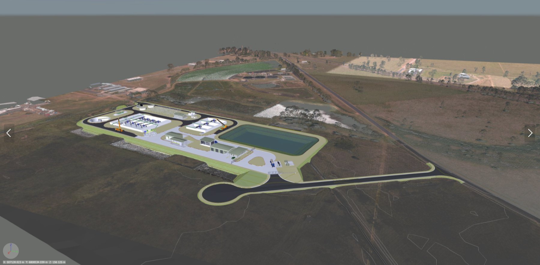3D master plan of a new sewage treatment plant showing site layout, infrastructure assets, and access roads designed and managed by Uminex