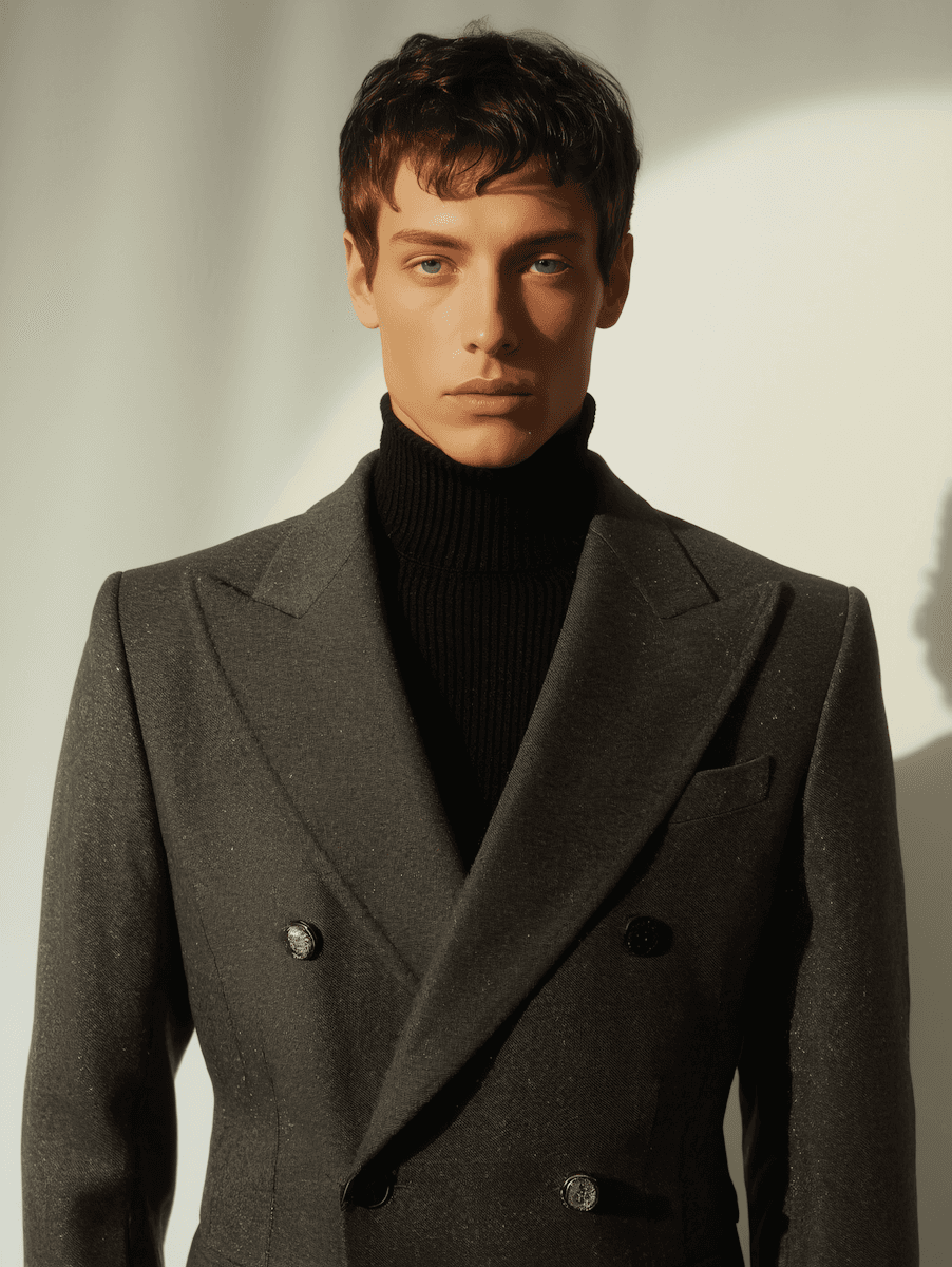 Portrait of a young man in a dark double-breasted suit and black turtleneck. Soft lighting creates a sophisticated, serious tone.