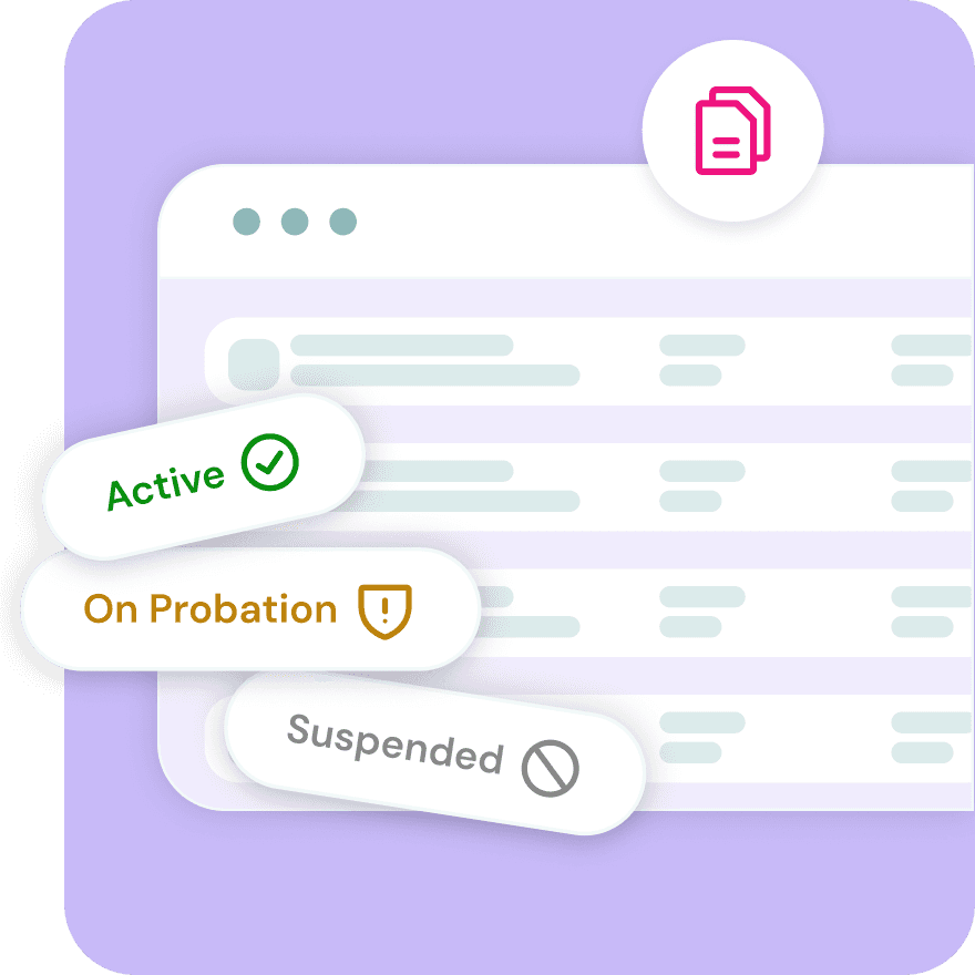 Lounge suspension management dashboard showing chapter statuses labeled active, on probation, and suspended