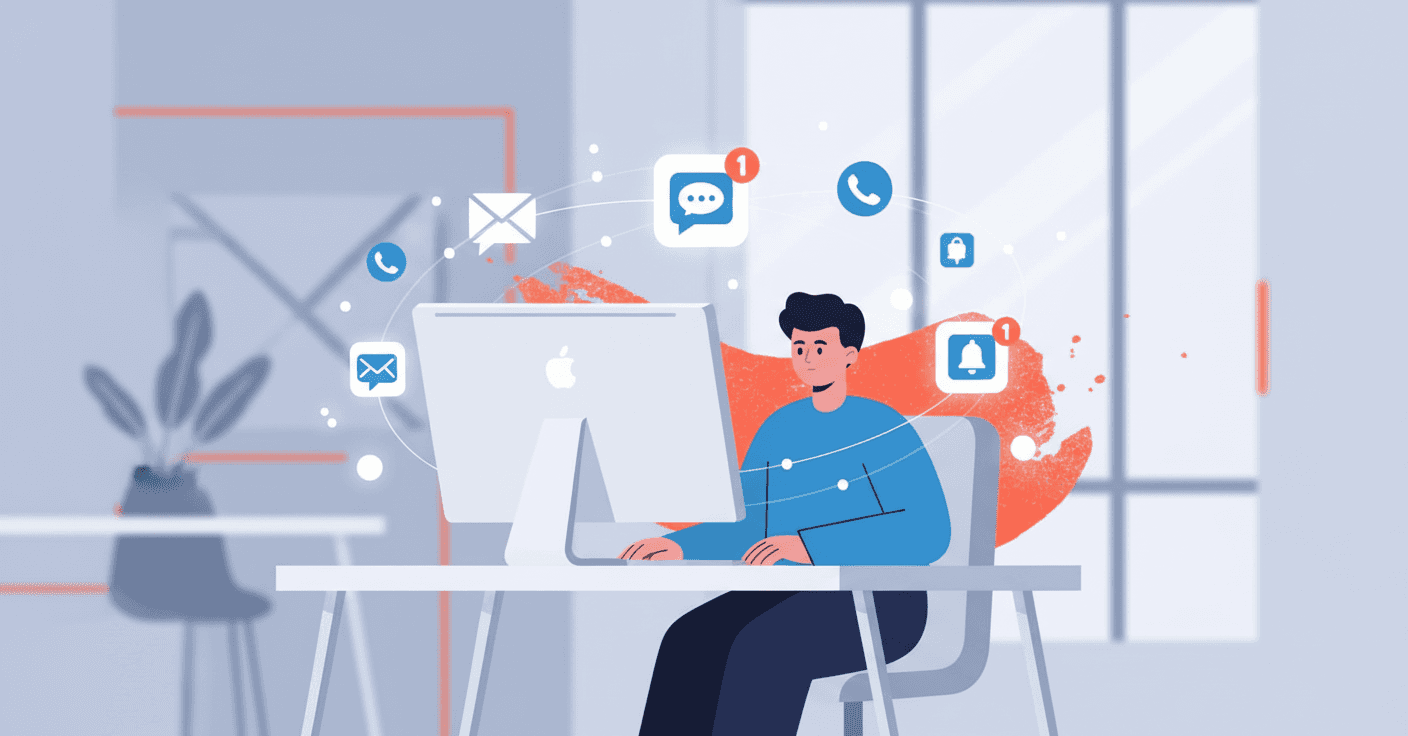 Modern office workspace showing a professional at a computer with multiple messaging app icons and notification elements floating in the space around them, representing integrated communication tools like chat platforms and mobile devices. Clean, minimalist style with blue and white tones, emphasizing connectivity and seamless workflow integration.