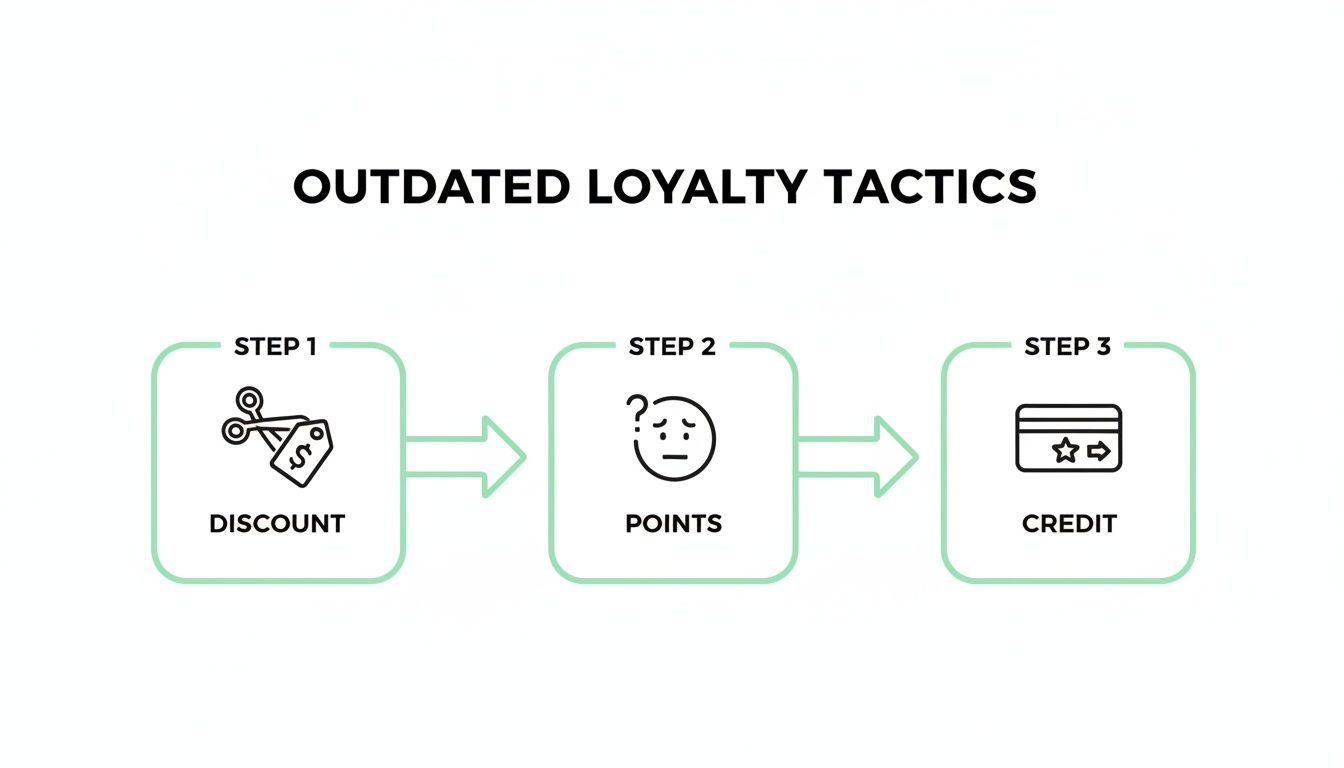 Flowchart showing outdated loyalty tactics: discount, points, and credit, with corresponding icons.