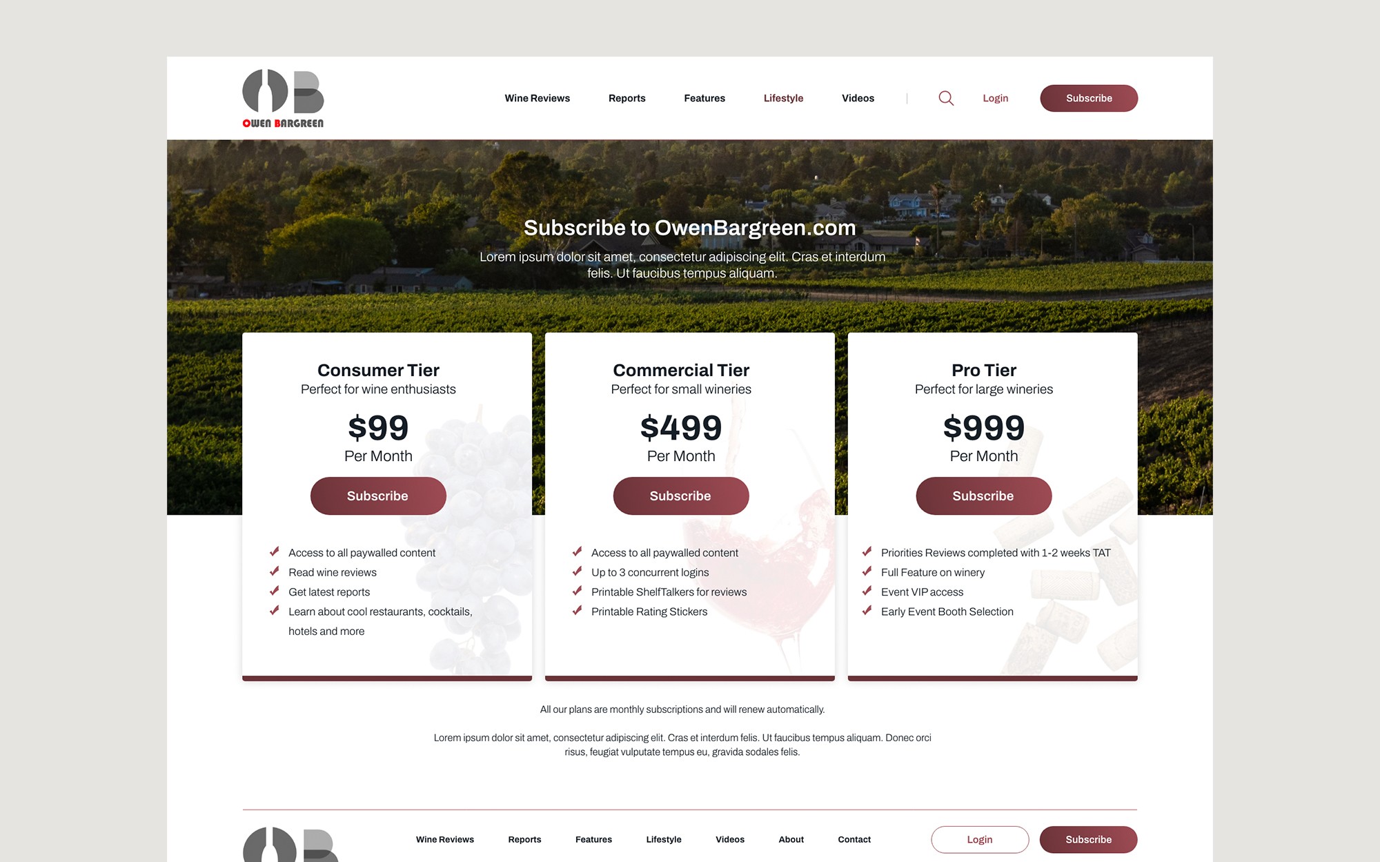 Wine review website pricing page showing Consumer, Commercial, and Pro subscription tiers with vineyard background.