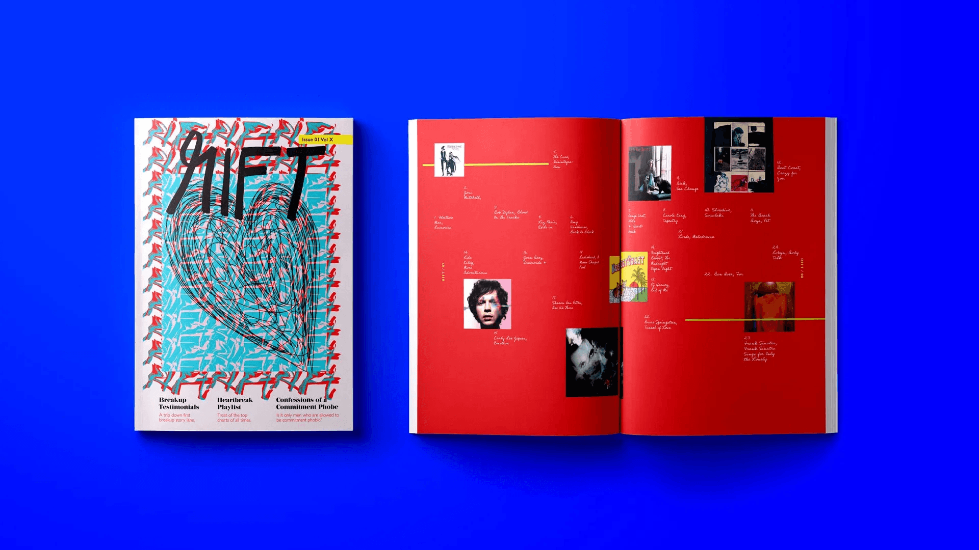A sample magazine design by Sukanya Bose, showcasing the whimsical and reflective nature of the zine "RIFT," which explores universal themes of break-ups and emotional pain.