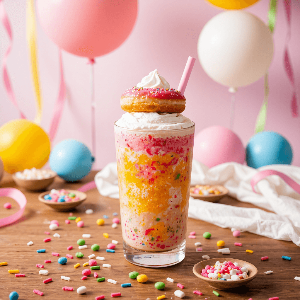 product photography of a colorful dessert drink topped with a donut and whipped cream