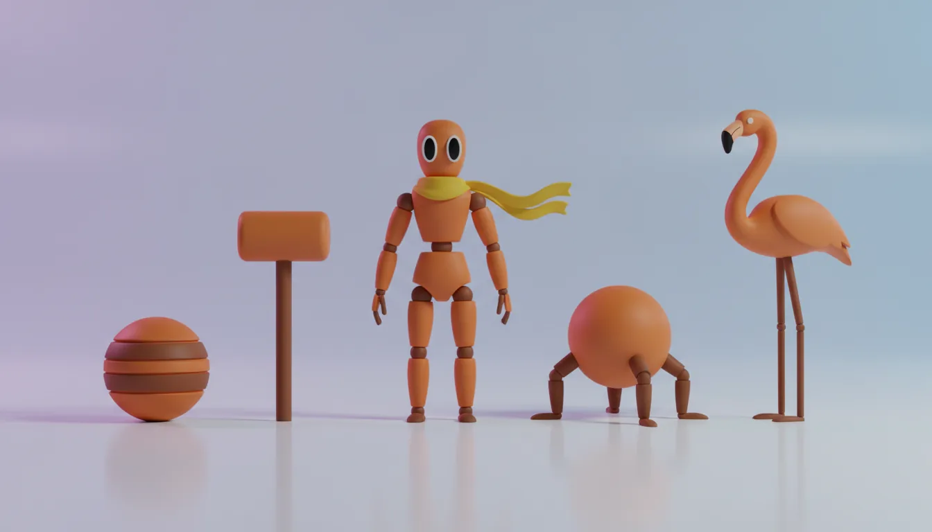 3D render of a character asset lineup, Blender style. The scene features five stylized models made of matte orange and brown plastic, arranged on a light grey studio floor. The models include a striped ball, a long-handled mallet, a central articulated mannequin with black oval eyes and a yellow scarf, a spherical three-legged creature, and a minimalist flamingo. The background is a soft purple and blue gradient, lit by soft global illumination creating gentle shadows.
