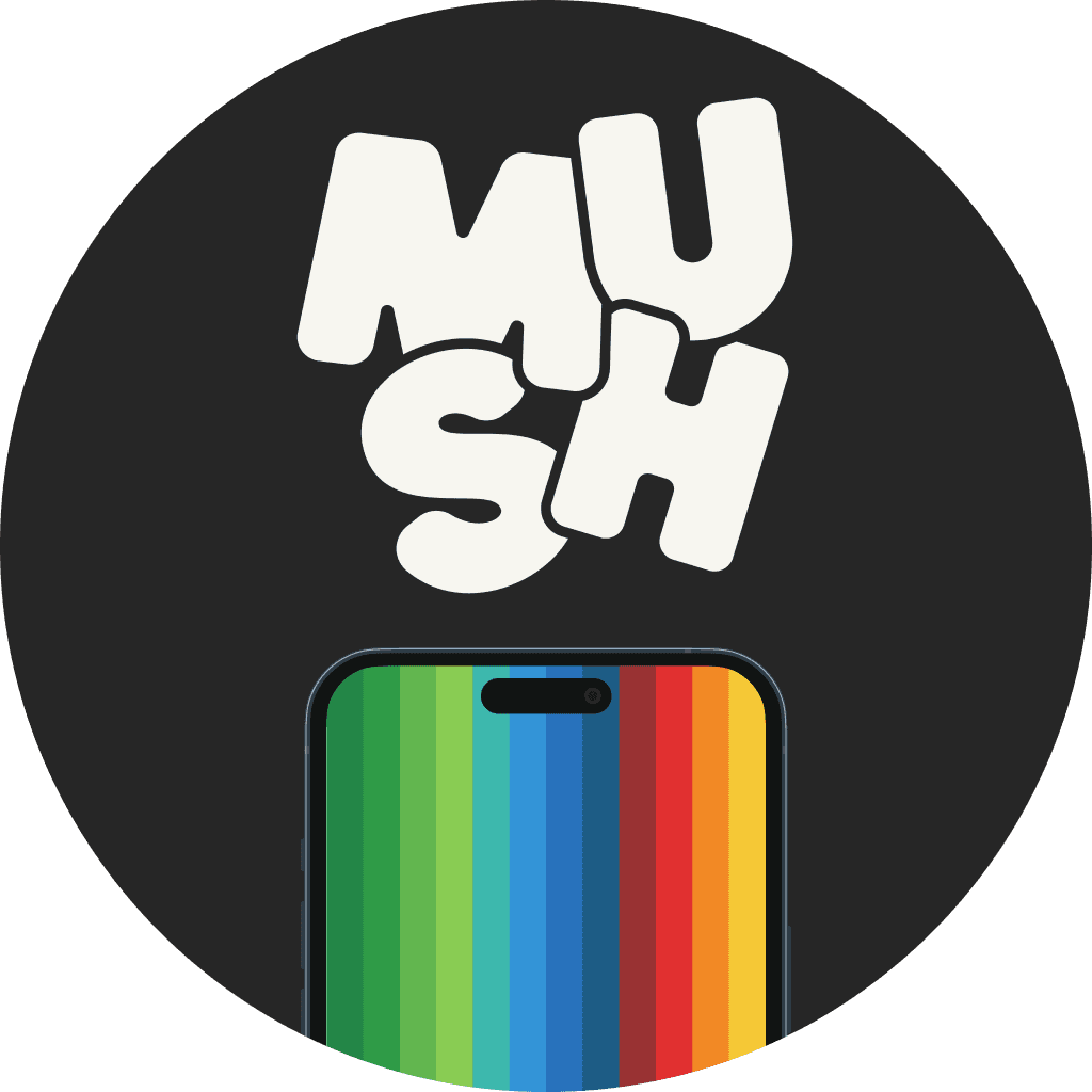 Logo featuring the word "MUSH" in bold white letters against a black background, with a colorful striped shape below.