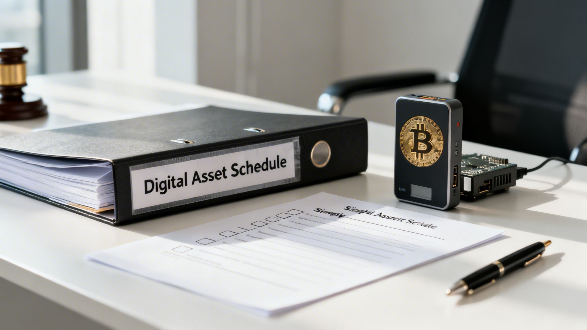 Digital Asset Schedule binder, Bitcoin hardware wallet, and financial documents on a modern desk.