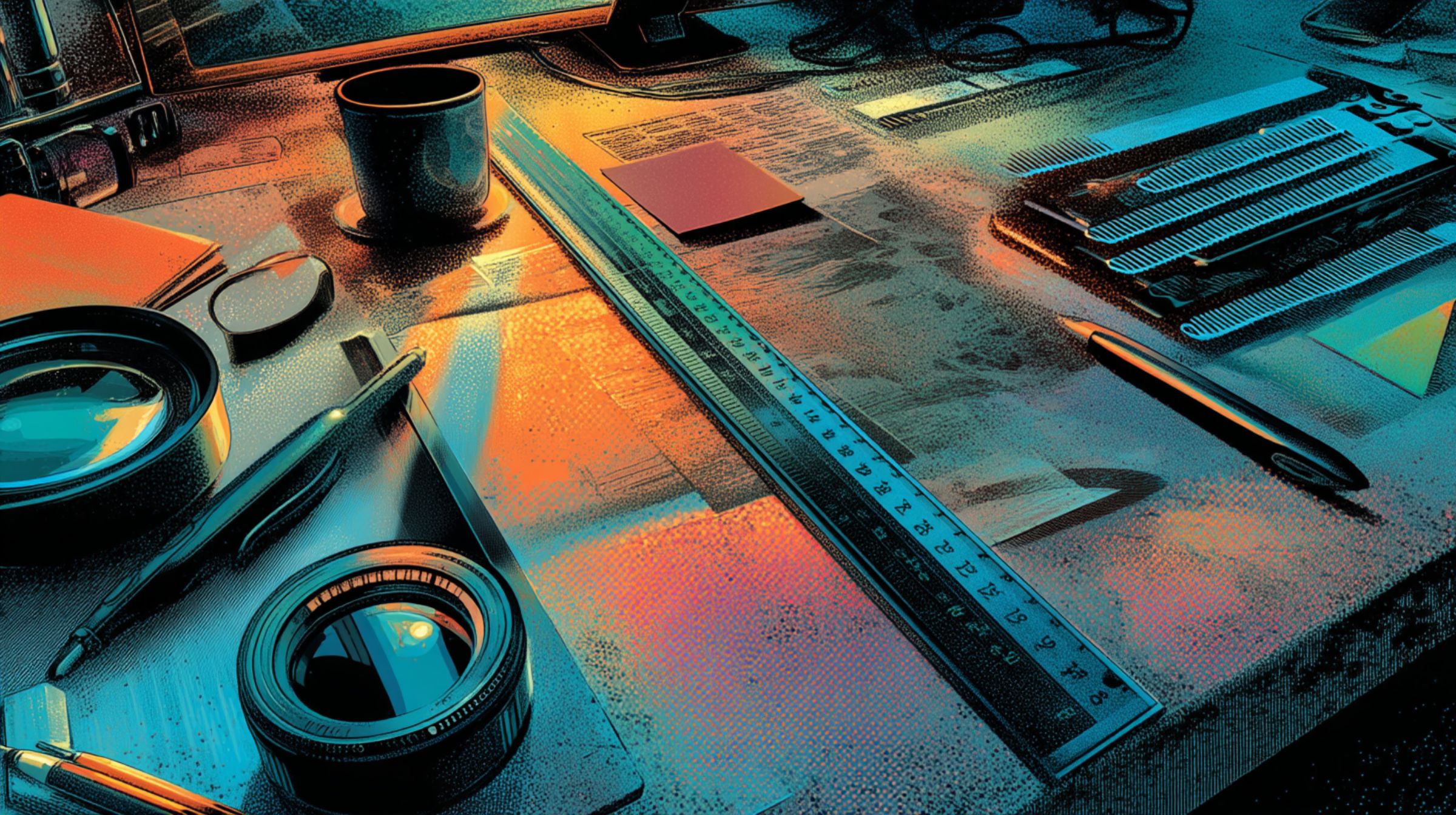 Creative tools sit in near-perfect alignment on a sunlit desk, revealing subconscious design order.