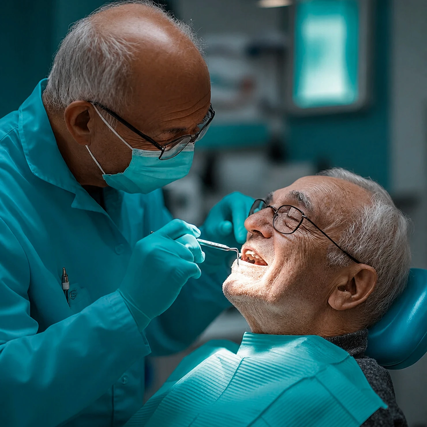 Dental care provider examining an older adult patient's teeth during a clinical checkup appointment.