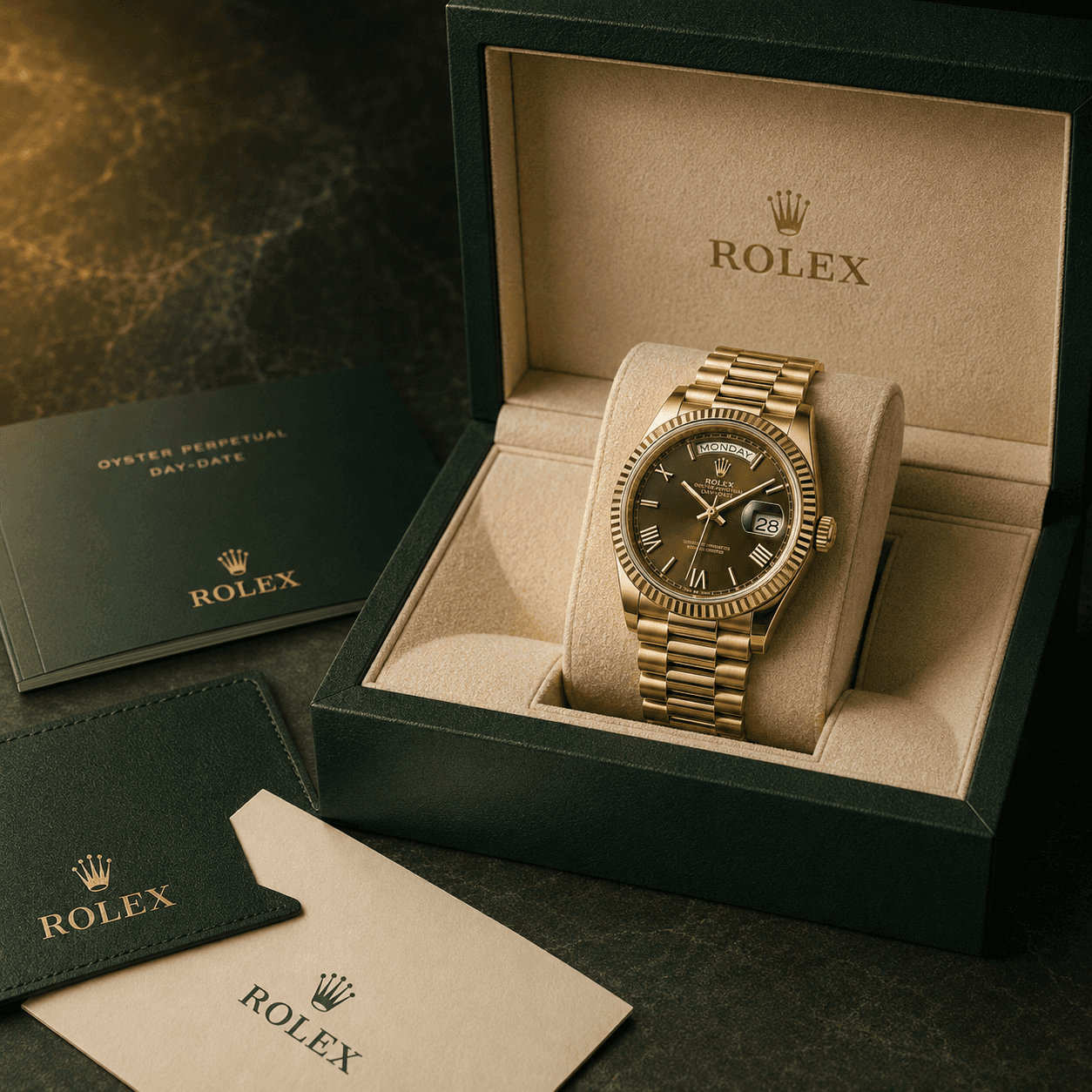 Rolex Day-Date with olive dial presented with box and papers