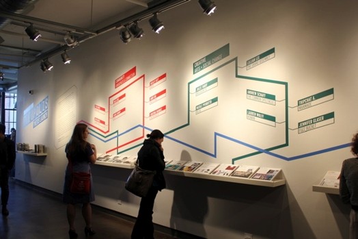 two people having a look at the booklets and flyers about the Ideopolis exhibition