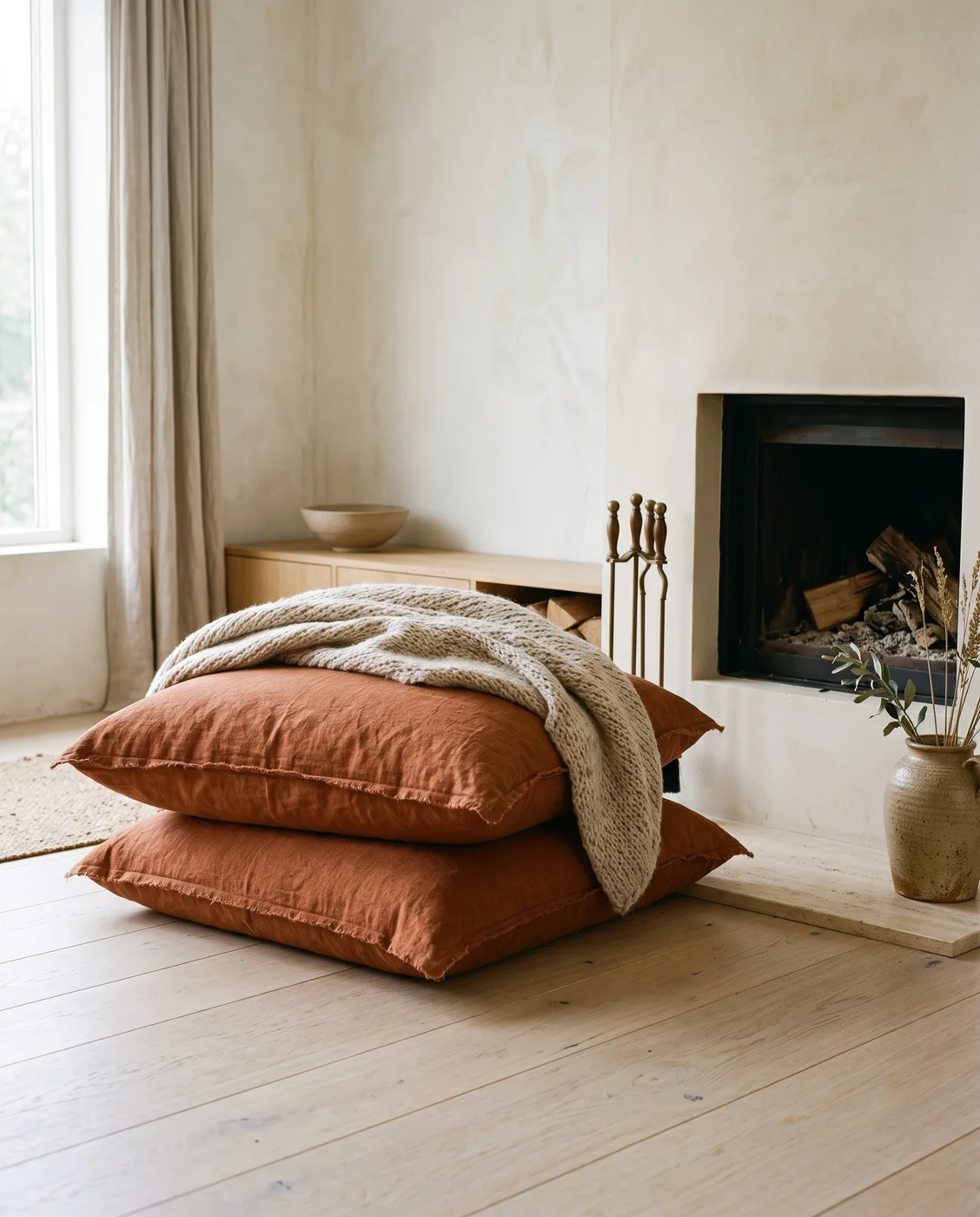 Terracotta linen floor cushions by a fireplace