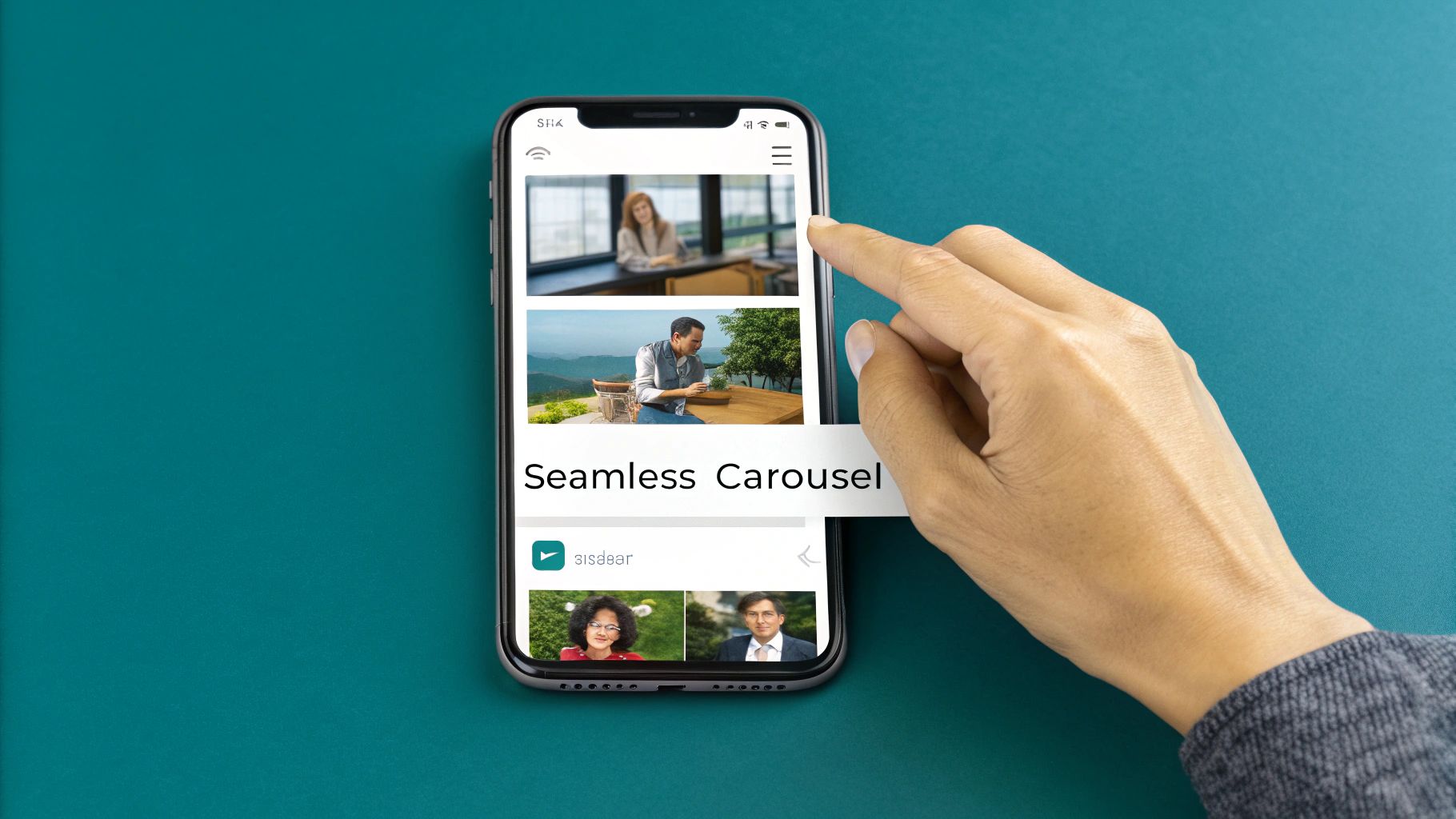 A hand scrolling through a smartphone displaying a 'Seamless Carousel' with multiple images and text.