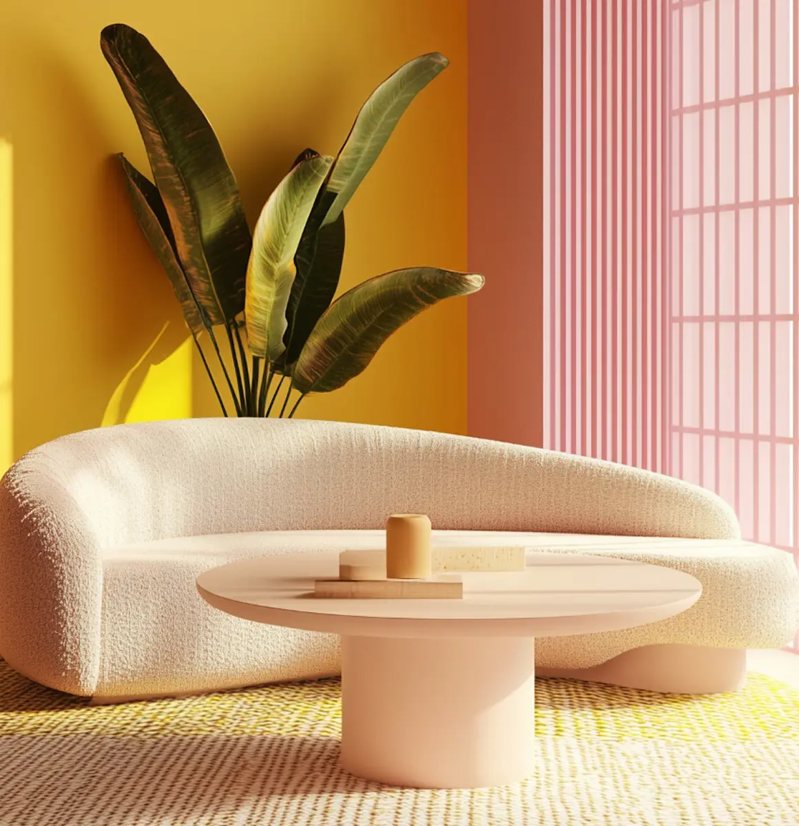 Curved cream sofa with plant, round pastel table.