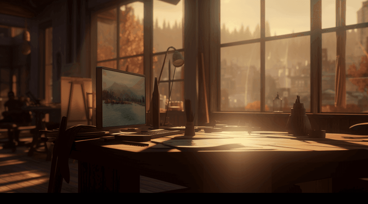 ein bild von einem Laptop in einem zimmer, sonnenaufgang