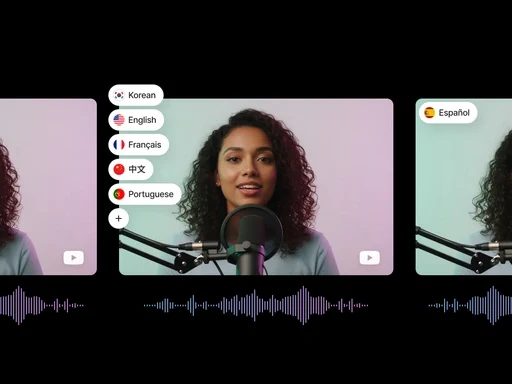 다양한 국기 아이콘과 함께 다국어 더빙 기능을 시연하는 마이크 앞의 여성 AI 모델