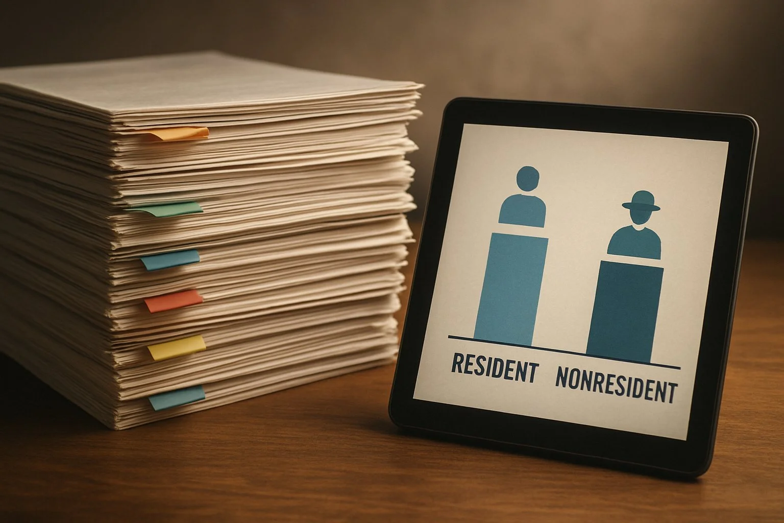 Neatly stacked documents with colored tabs for different state rules, next to a tablet showing a simple icon-based chart comparing resident and nonresident tax outcomes under soft lighting.