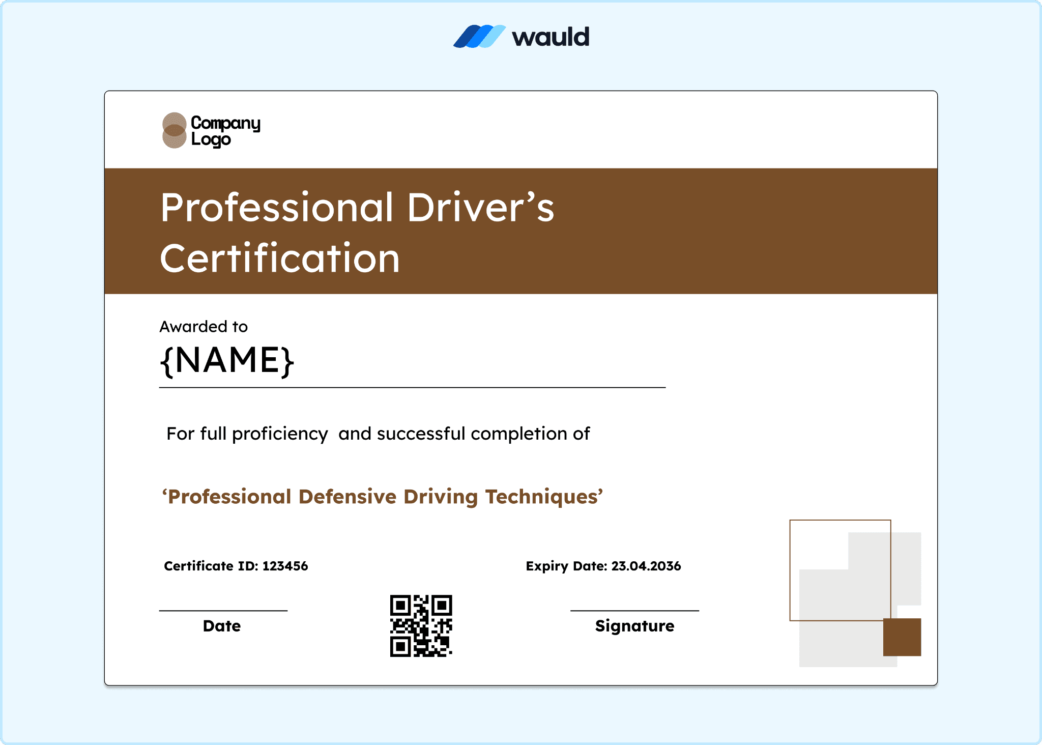 Professional driver's certification template with warm brown header, clean white layout, recipient name field, certificate ID, course dates, expiry date, and QR code