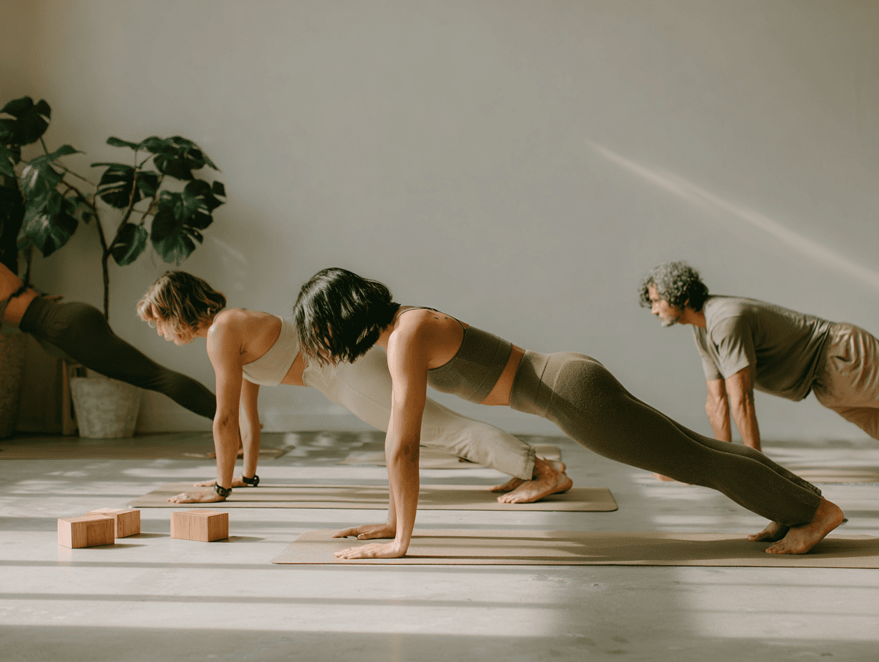 A group of people holding a plank pose during yoga class in a minimalist, sunlit studio with neutral tones and natural light