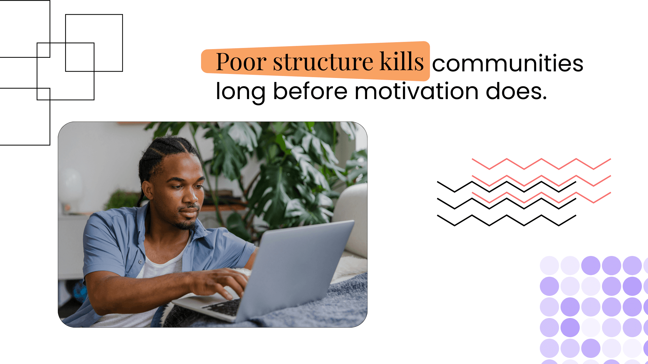 Coach using a laptop on a couch, illustrating how poor structure causes coaching communities to collapse before motivation fades.