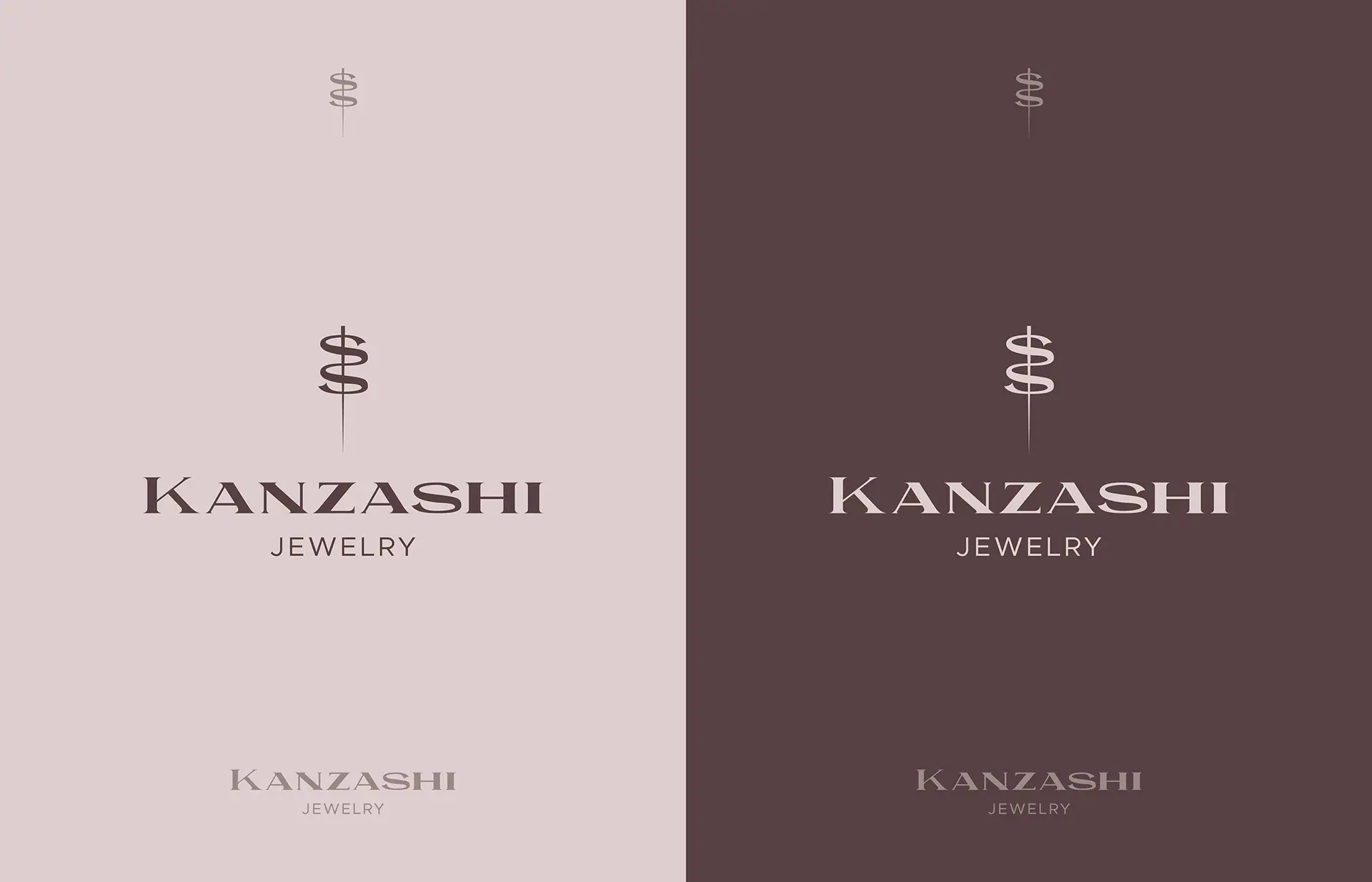 Logo design for Kanzashi jewelry brand showing logomark and logotype across light and dark colorways