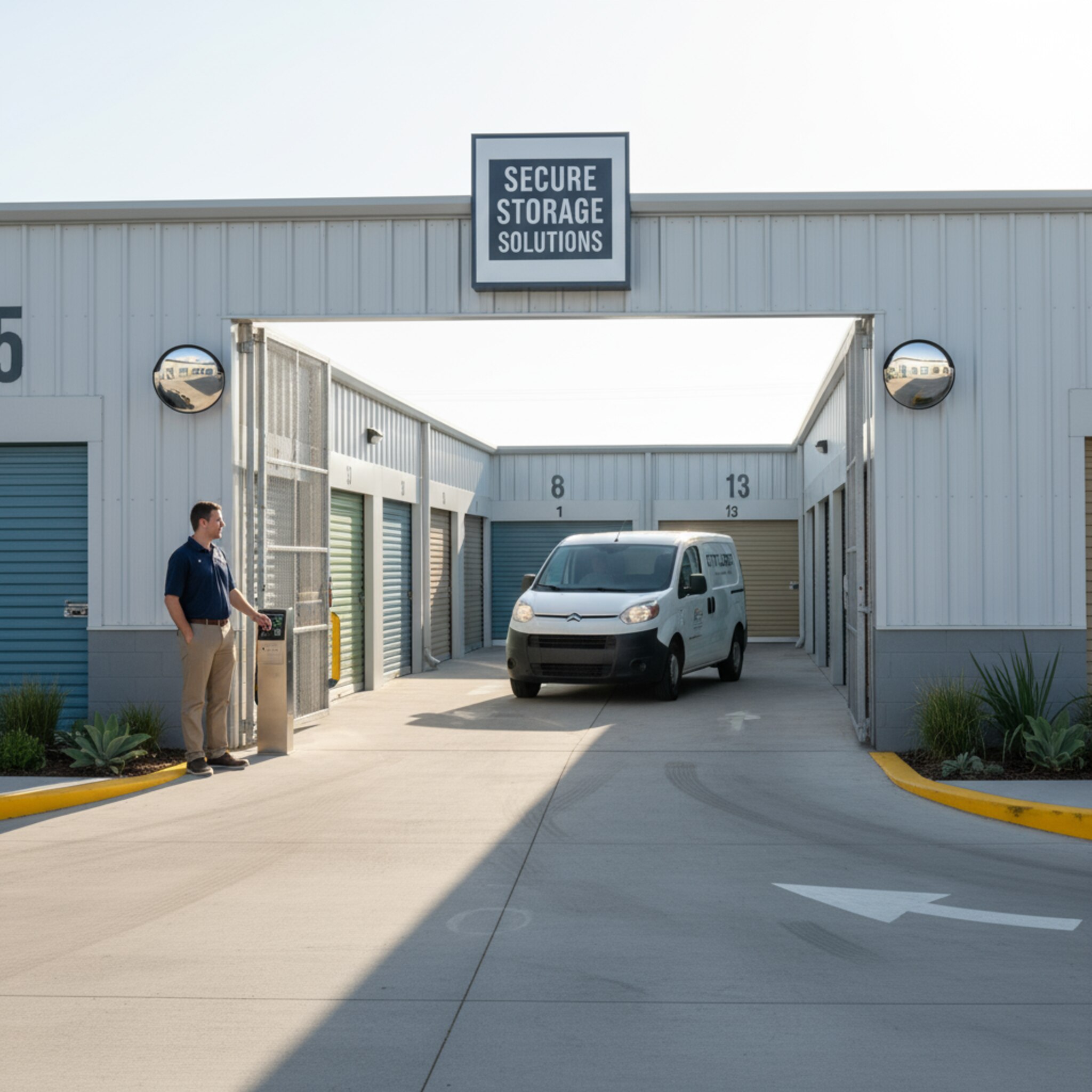 Ein Lieferfahrzeug rollt langsam durch ein geöffnetes Tor in einen sauberen Innenhof. Die Reifen hinterlassen feine Spuren auf dem Beton, während langes Morgenlicht Schatten unter die Dachkante zieht. Eine Person am Rand beobachtet ruhig den Einlass. Die Szene wirkt kontrolliert und sicher.