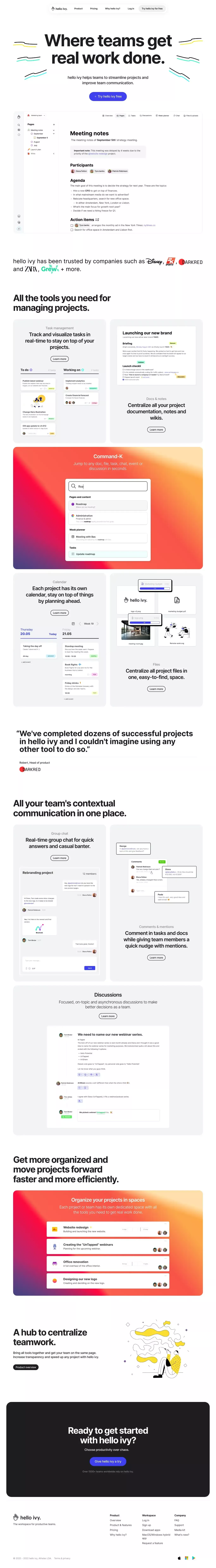 hello ivy - Project Management & Team Co landing page screenshot showcasing Tech design