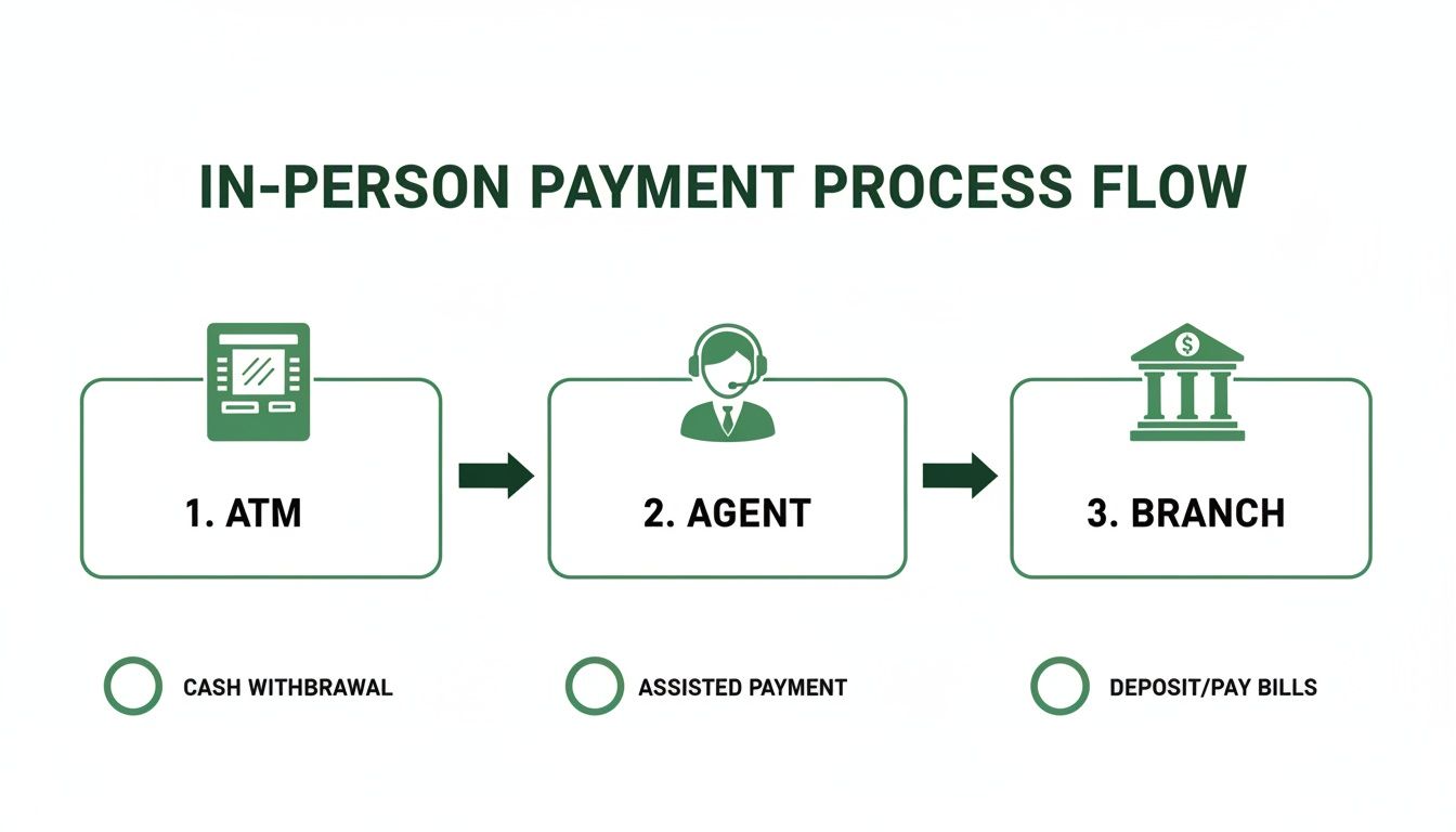 Flowchart detailing the in-person payment process: ATM for cash withdrawal, Agent for assisted payment, and Branch for deposits/bill payments.