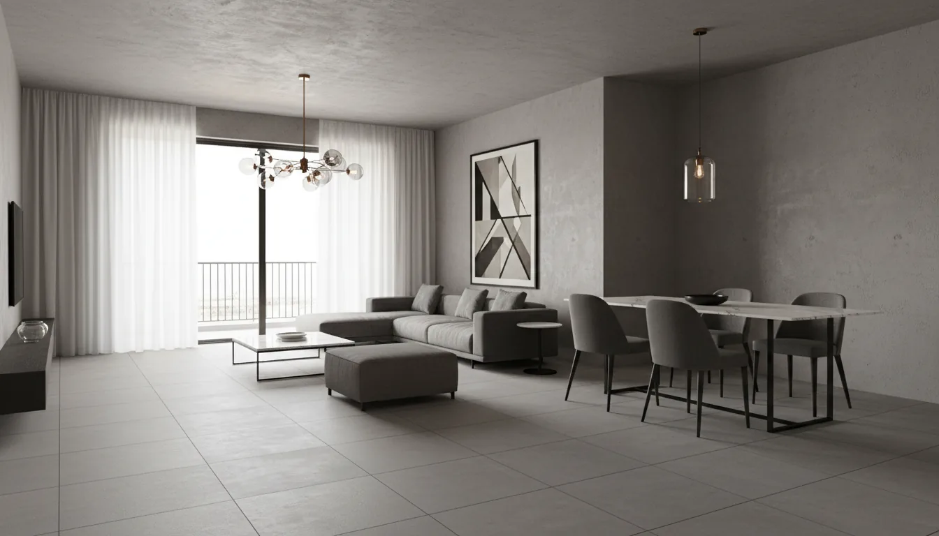 3D render of a photorealistic modern apartment interior, architectural visualization in the style of Twinmotion. The scene is an open-plan living and dining area with matte gray concrete-textured walls and large gray tiled floors. Soft global illumination from natural daylight streams through a large glass balcony door framed by sheer white curtains. The living space features a low-profile gray fabric sofa, a white marble coffee table, a matching gray upholstered ottoman, and a modern bronze chandelier with smoked glass globes. The adjacent dining area has a white marble table with a black metal frame, dark gray upholstered chairs, and a single glass pendant light overhead. A large black-framed abstract geometric art piece hangs on the wall.