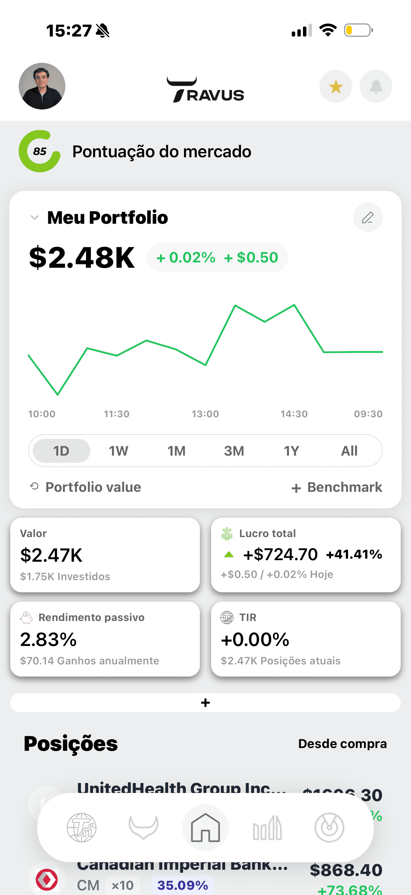 interface scroll down Travus perfil de exemplo