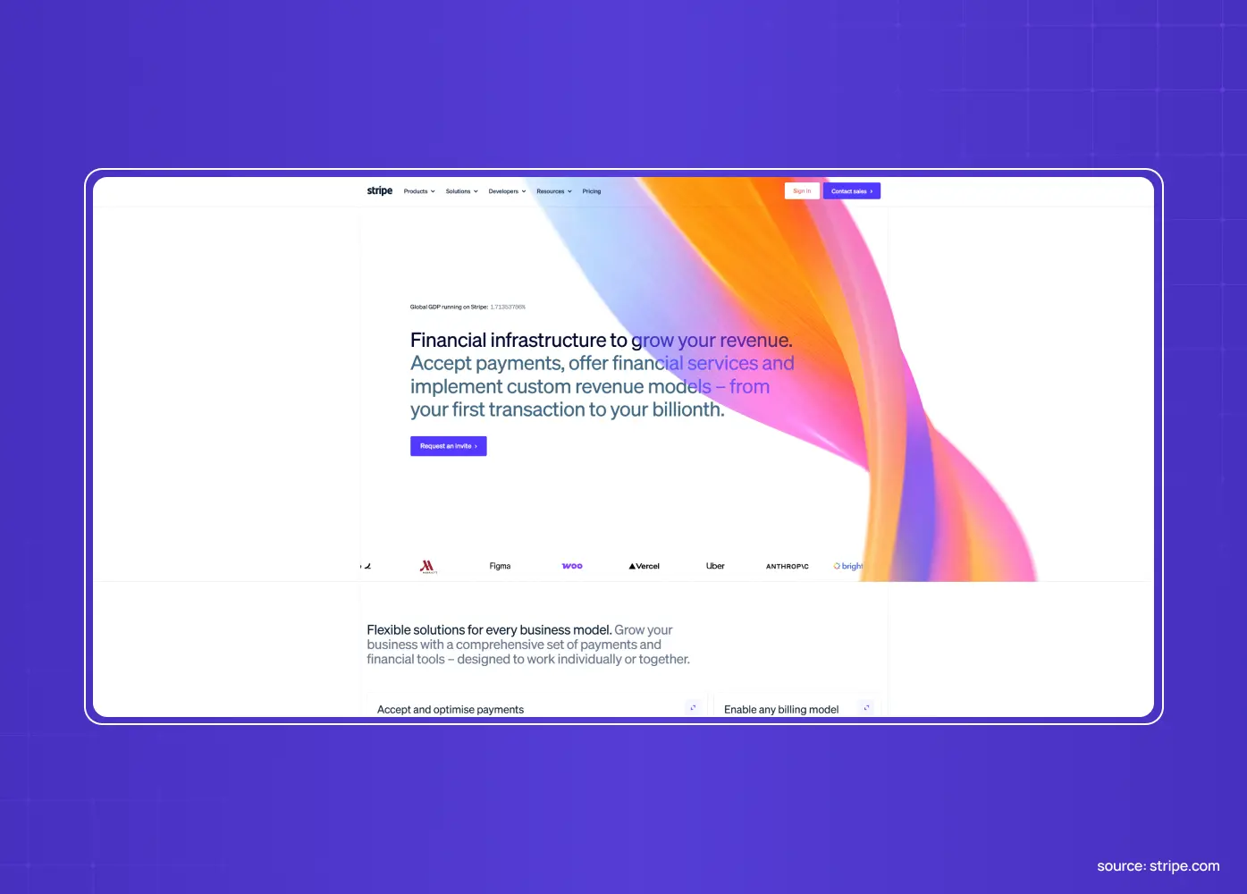 Stripe website homepage featuring colorful gradient artwork and messaging about financial infrastructure and payment solutions.