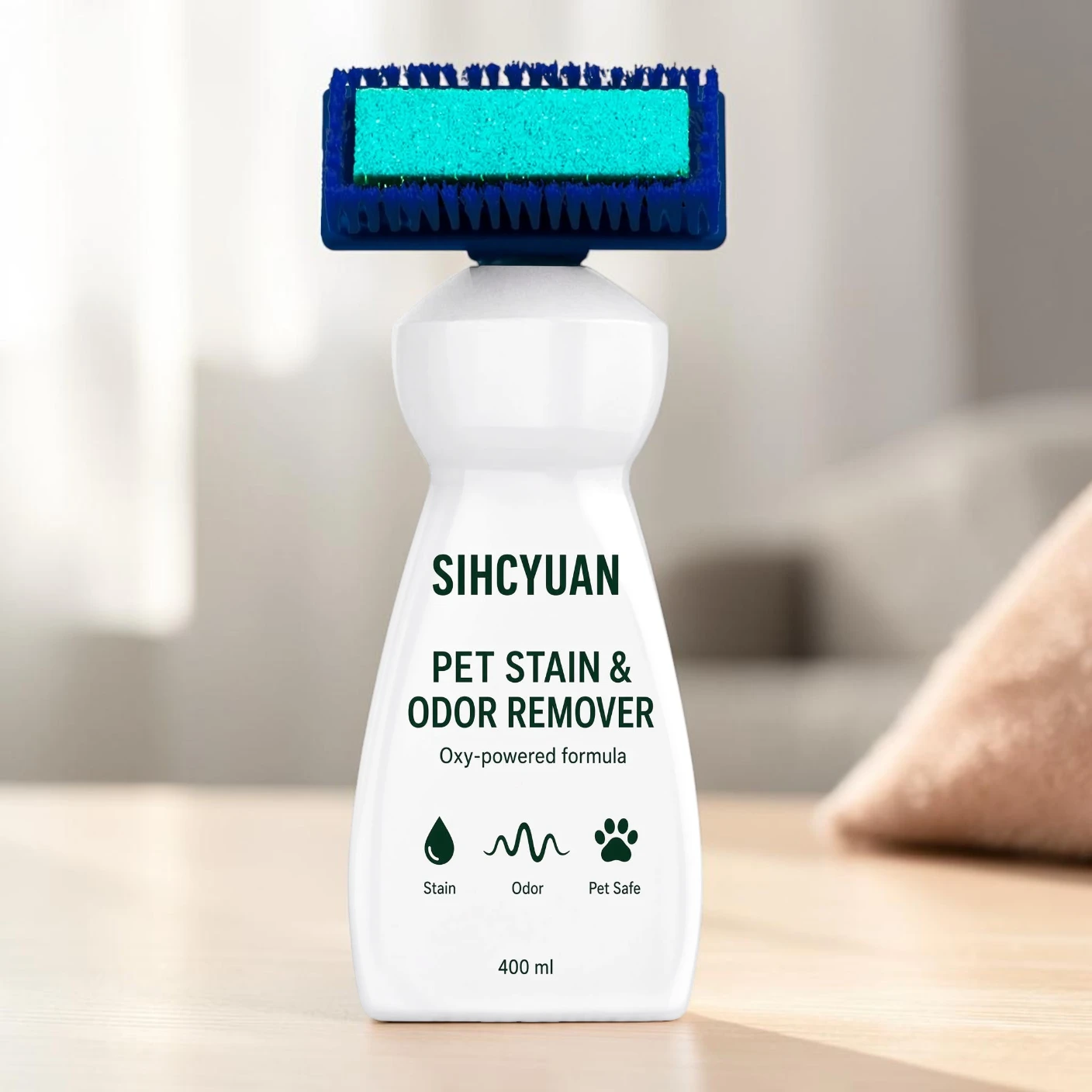 Private label carpet cleaning brush with integrated cleaning solution applicator
