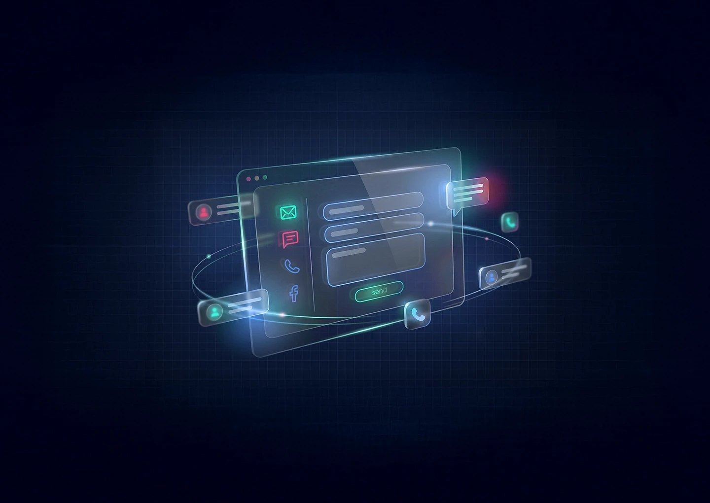 A futuristic communication interface featuring digital sound waves and a glassmorphic 'send' button, symbolizing the secure connection between tech founders and Nudgix studio