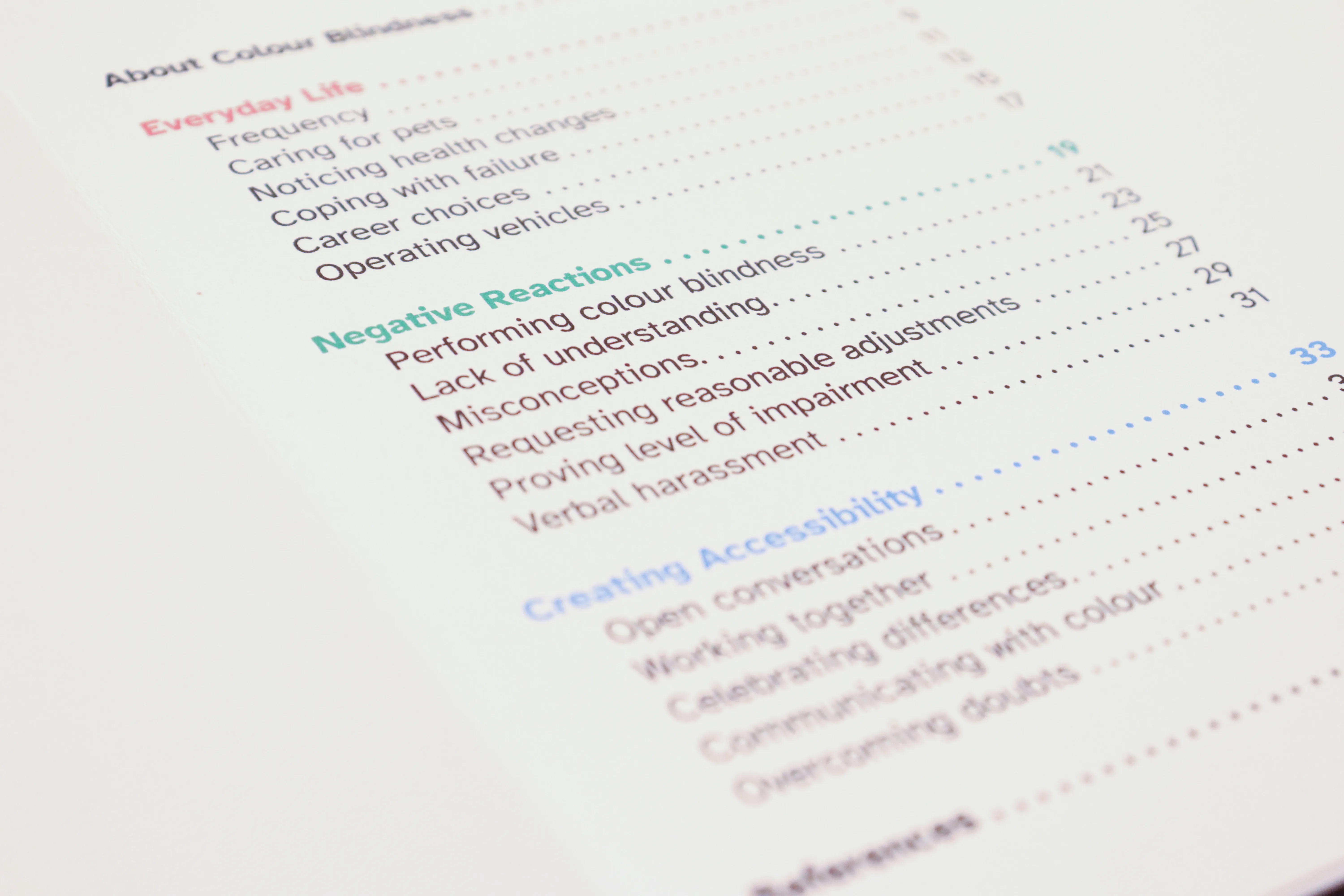 Close-up showing table of contents