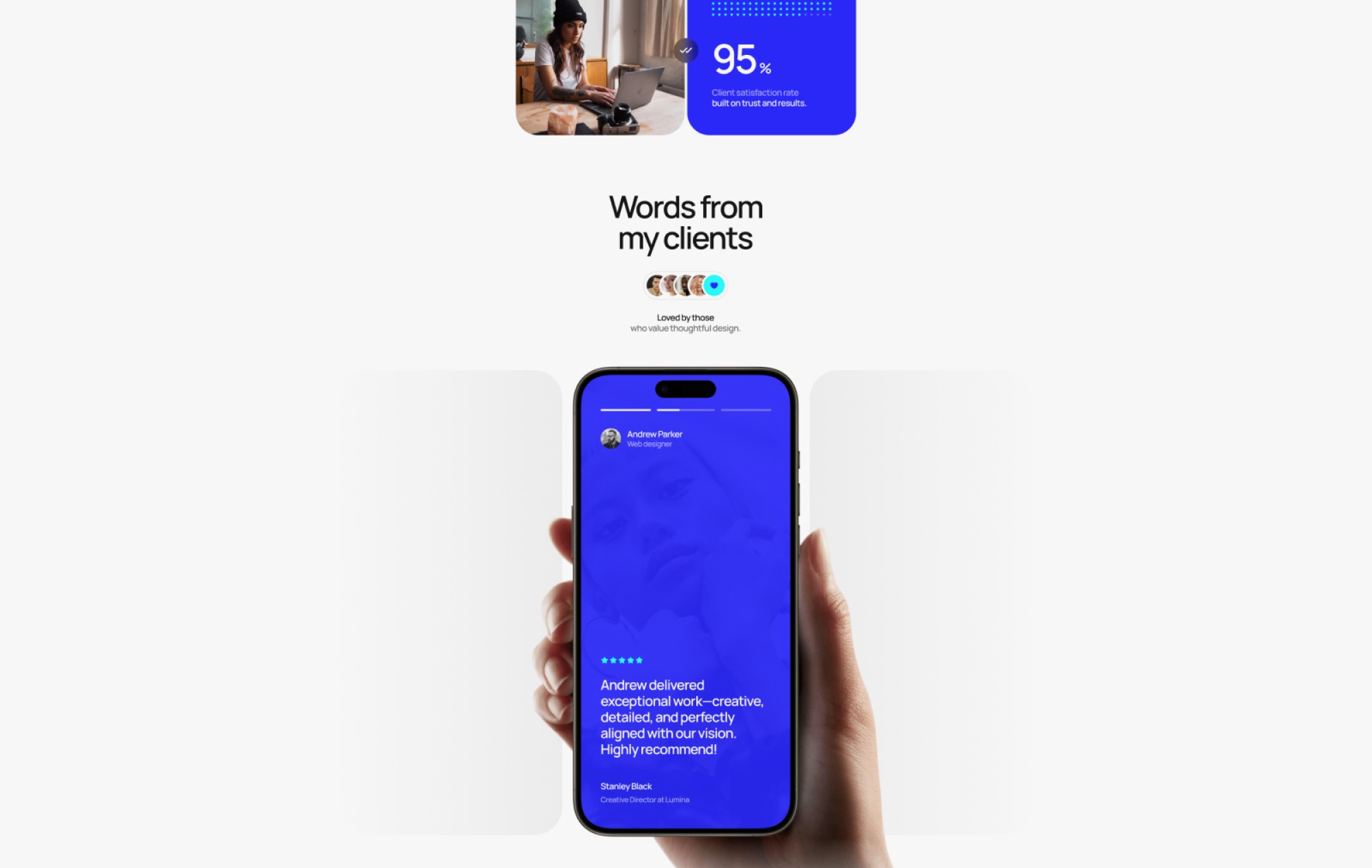A minimalist developer portfolio website layout using the Praxis Framer template, featuring a clean project grid and dark mode interface.