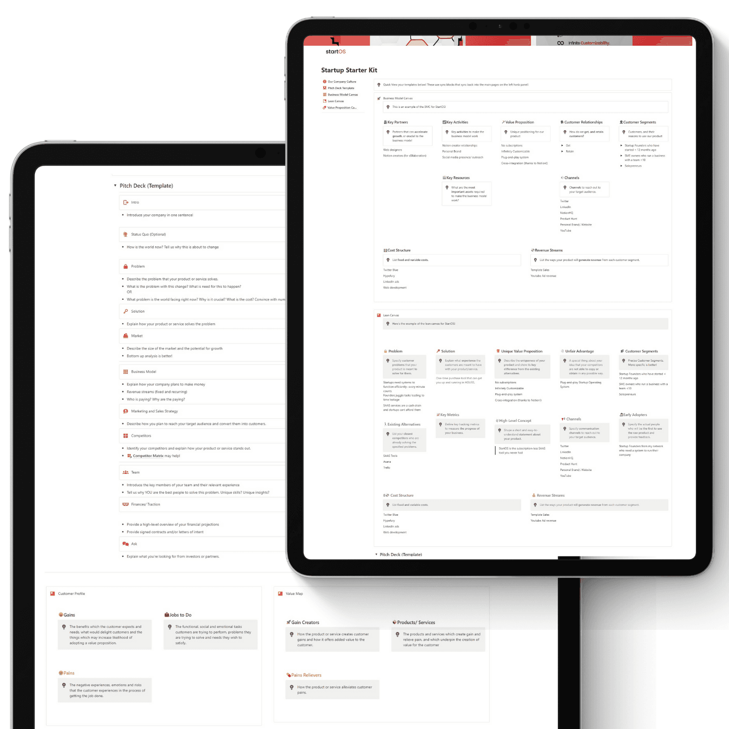 StartOS starter bundle on a tablet. Contains business model canvas, lean canvas, pitch deck notion template and value proposition canvas.