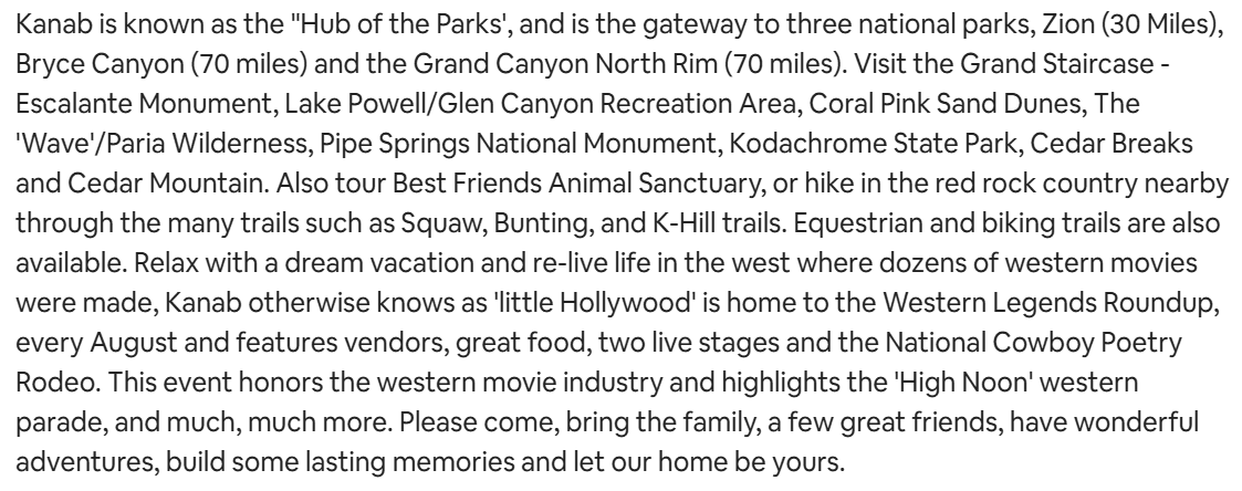 vacation rental description experience