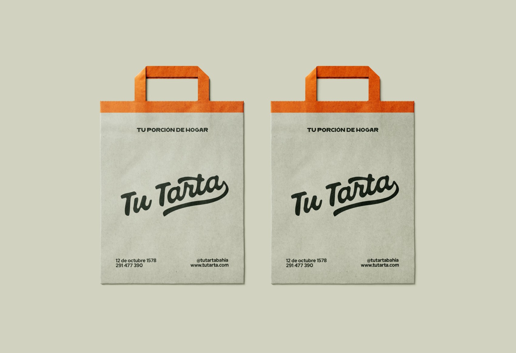 Two kraft paper bags with orange handles are displayed against a light beige background, featuring the brand name "Tu Tarta" prominently printed on them, along with contact information and the tagline "Tu porción de hogar."