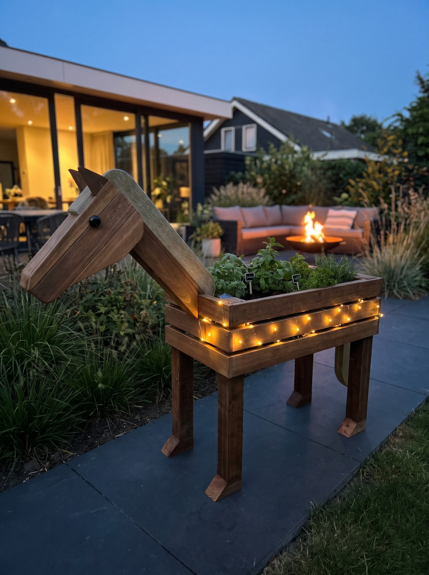 Herbie met brandende lichtjes 's avonds op een terras naast een vuurschaal