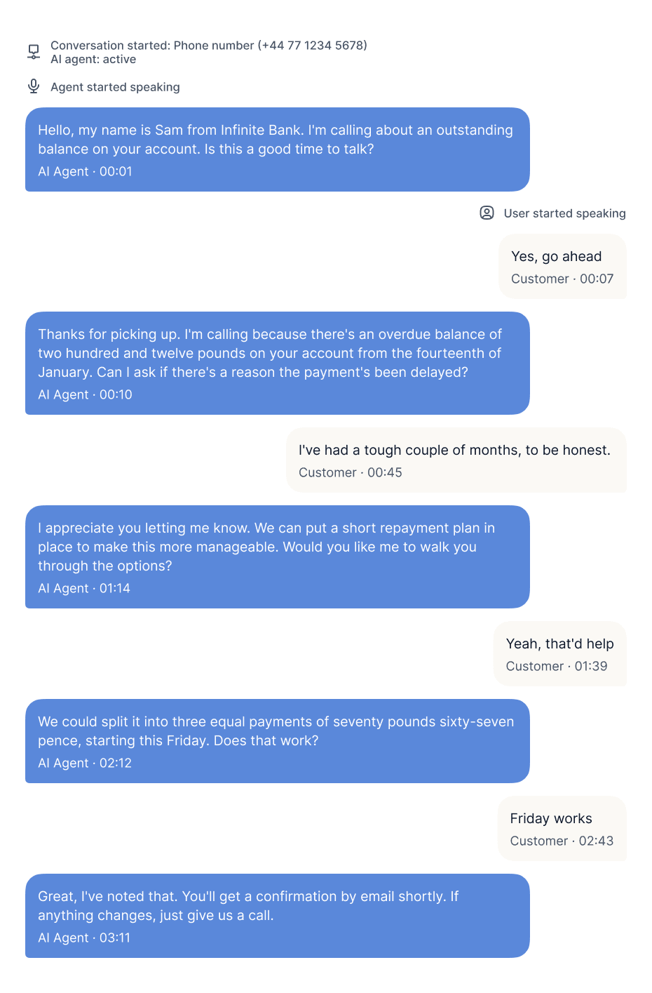 Recording of an AI voice agent making an outbound collections call, identifying a customer in financial difficulty and proposing a split repayment plan for an overdue balance