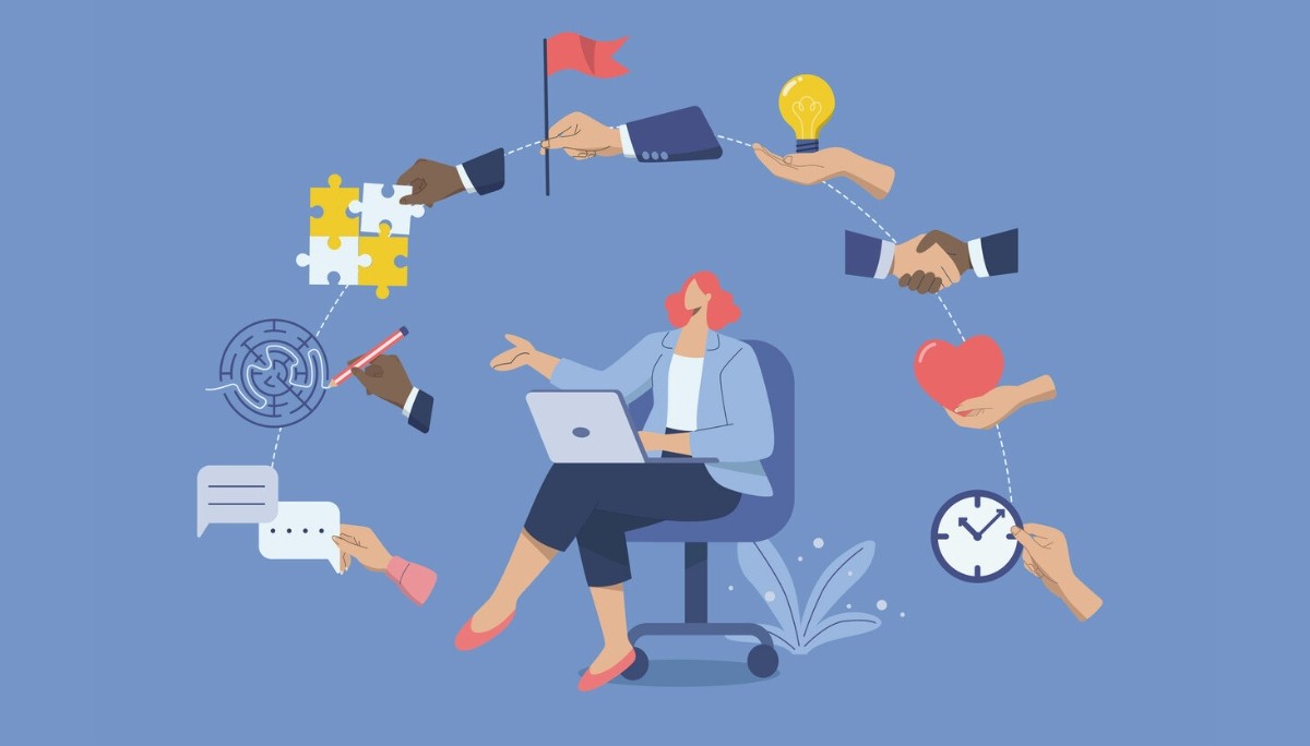 Illustration of woman with laptop surrounded by icons representing communication, problem-solving, empathy, leadership, and time management.