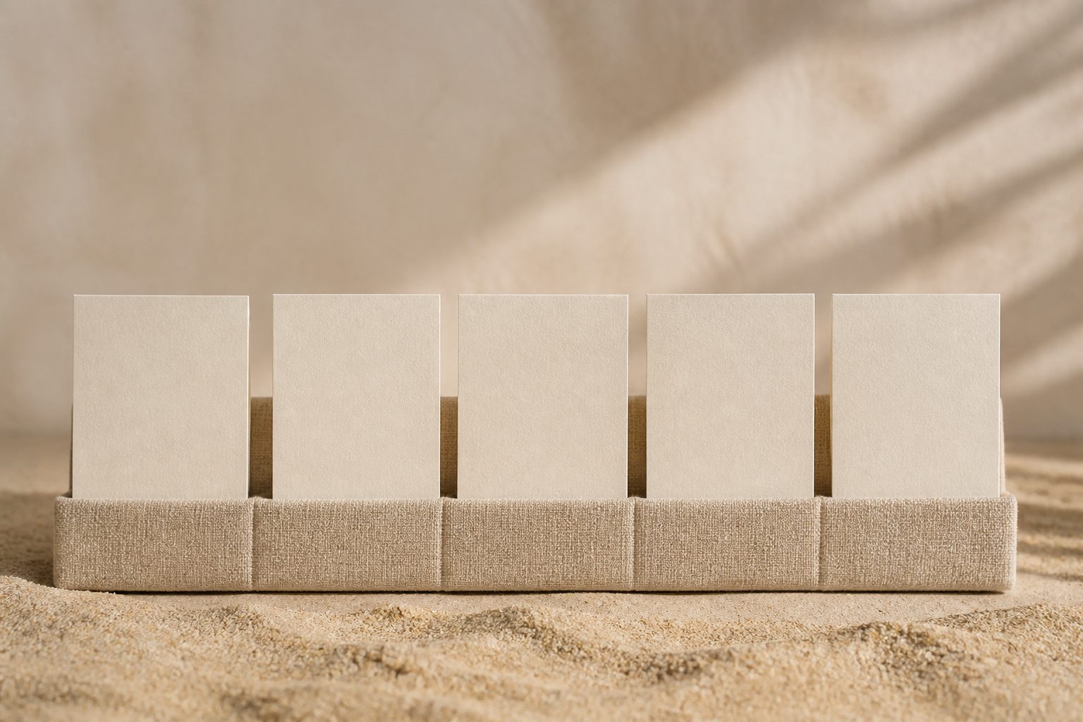 A row of blank cream cards standing upright in a linen holder