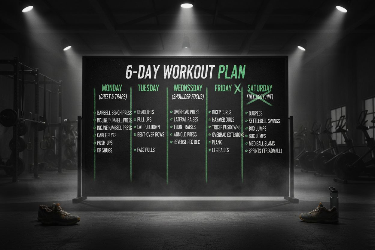 6-day workout plan on whiteboard