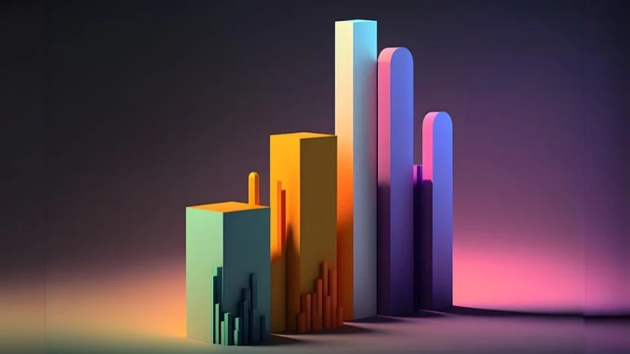 Colorful 3D bar chart representing abstract data trends on a gradient background.